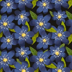 Blue and yellow flowers, green leaves. Hand drawn floral illustration. Square seamless Pattern. Repeating design element for printing. Template for fabrics, summer textiles, wallpaper, clothes