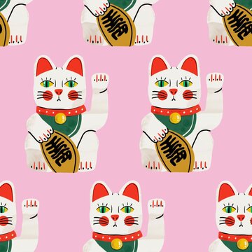 Maneki neko Cats. Lucky symbol. Japanese lucky welcoming cat doll, porcelain kitten. Hand drawn illustration. Square seamless Pattern. Pink background. Repeating design element for printing