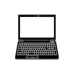 正面から見た黒色のノートパソコン（白色の画面）