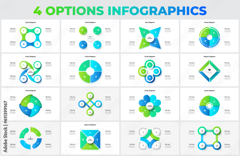 Poster Set of cycle diagrams with 4 options, steps or processes. Circles, squares and other abstract elements for infographic