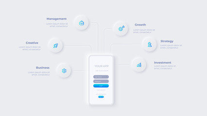 Smartphone with mobile applications. Light neumorphic infographic slide illustration