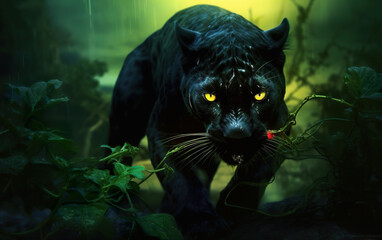 Black panther with glowing green eyes. Panther in the jungle. A black jaguar is in the jungle with leaves. Realistic 3D illustration. Generative AI