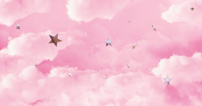 Animated background. Flying in to the sweet world with pink clouds and candies levitating around