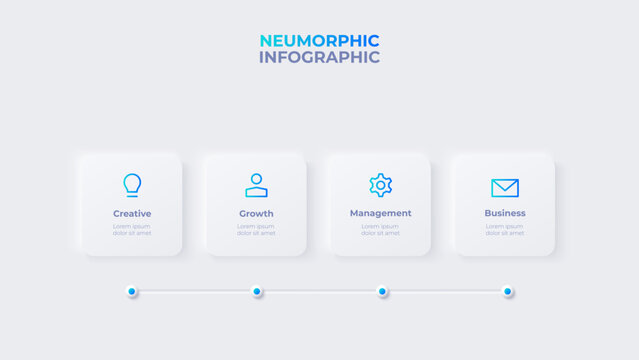 Neumorphic timeline infographic. Skeuomorph concept with 4 options, parts, steps or processes