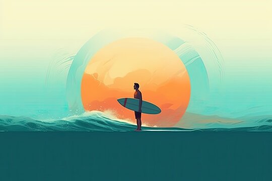 Fototapeta Light watercolors surfer on beach