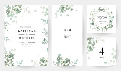 Herbal eucalyptus selection vector frames. Hand painted branches, leaves on white background. Greenery wedding - obrazy, fototapety, plakaty