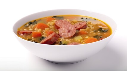 A warm bowl of lentil soup with smoked sausage and vegetables on White Background with copy space for your text created with generative AI technology