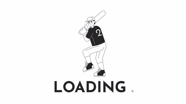 Animated bw baseball player loader. Cricket sport. Young asian male batter. Flash message 4K video footage. Isolated monochrome loading animation with alpha channel transparency for UI, UX web design