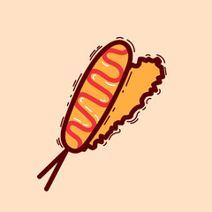 Corn dogs set. Hand drawn sketch style illustrations of street fast food. Whole and half-eaten with ketchup, chuken or mustard. Wooden stick. Vector drawings isolated on white background.