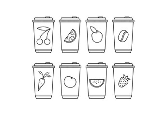 A set of minimalistic contour cups with different juices or drinks. Vector outline icons.