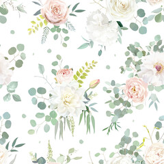 Classic pink rose, white dahlia, peony, ranunculus, eucalyptus, fern, sage blush greenery vector design wedding spring seamless pattern