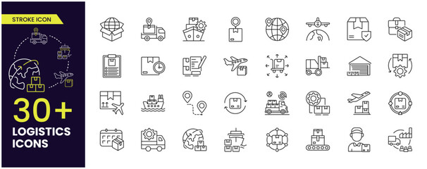 Logistics and Delivery icons set. Collection of simple line icons such as Sea Shipping, Air, Delivery Date, Courier, Warehouse, Return Parcel, Fast Shipping and others Editable vector stroke