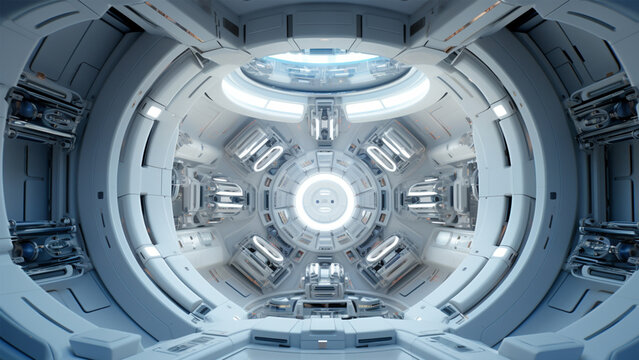 Futuristic space station or spaceship interior corridor. Science fiction concept 3D rendering.