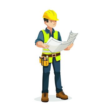 Man construction worker reading a plan isolated on white background. Vector illustration