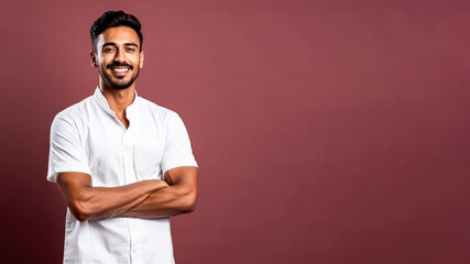 Portrait of smiling indian male chef, on a solid background, copy space, mockup, a fictional AI-generated person, Generative AI	

