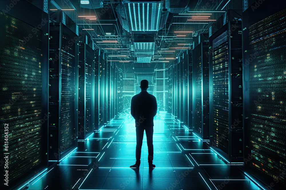 Wall mural man with standing in server room of large data center. concept of computer engineering and big data 