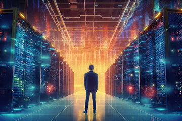 Fototapeta na wymiar man with standing in server room of large data center. Concept of computer engineering and big data in business. Ai generative
