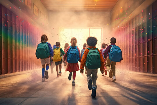 Happy Children Running Back To School. Ai Generative