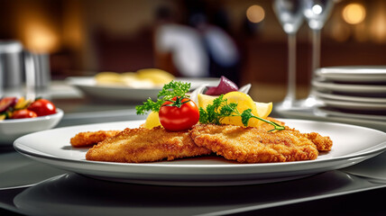 Vienna schnitzel with a side dish at a restaurant, traditional Austrian cuisine - obrazy, fototapety, plakaty