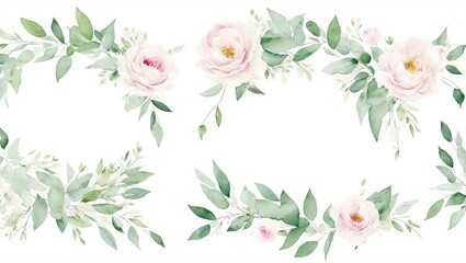 Bouquets and wreath. White flowers, rose, peony, green leaf branches collection. Wedding invites, wallpapers, fashion. Eucalyptus olive leaves chamomile, generative ai - obrazy, fototapety, plakaty