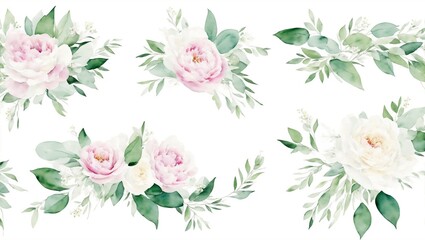 Bouquets and wreath. White flowers, rose, peony, green leaf branches collection. Wedding invites, wallpapers, fashion. Eucalyptus olive leaves chamomile, generative ai - obrazy, fototapety, plakaty