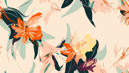 Bright hand drawn blossom artistic flowers print. Modern botanical pattern. Fashionable template for design - obrazy, fototapety, plakaty