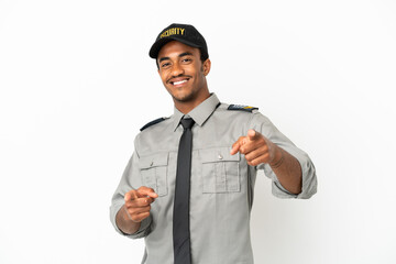 African American safeguard over isolated white background points finger at you while smiling