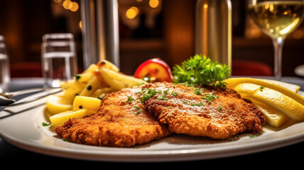Vienna schnitzel with a side dish at a restaurant, traditional Austrian cuisine
