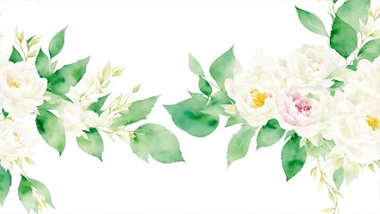 Watercolor seamless border - illustration with green gold leaves, white flowers, rose, peony and branches, for wedding stationary, greetings, wallpapers, backgrounds, wrappers, cards, generative ai