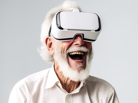 Surprised grandfather in VR glasses real reality headset playing video games on white background