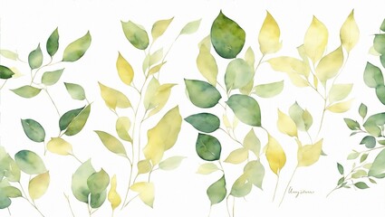 Watercolor floral illustration set - green gold leaf branches collection, for wedding stationary, greetings, wallpapers, fashion, background. Eucalyptus, olive, leaves. Generative ai - obrazy, fototapety, plakaty