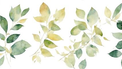 Watercolor floral illustration set - green gold leaf branches collection, for wedding stationary, greetings, wallpapers, fashion, background. Eucalyptus, olive, leaves. Generative ai - obrazy, fototapety, plakaty