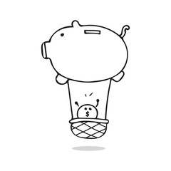 Hand drawn cute hot air balloon piggybank with coin vector Cartoon Mascot Character Vector illustration color children cartoon clipart