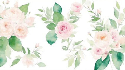 Watercolor floral bouquet, pink peach blush white flowers, leaf branches, for wedding invitations, greetings, wallpapers, fashion, prints. Eucalyptus, olive, rose, peony. Generative ai - obrazy, fototapety, plakaty