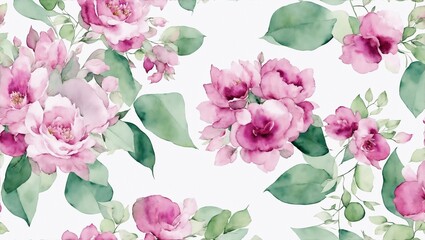 Watercolor floral seamless border green leaves, burgundy maroon pink peach blush white flowers leaf branches. Wedding invitations, greetings wallpapers. Eucalyptus, olive, rose, peony, generative ai - obrazy, fototapety, plakaty