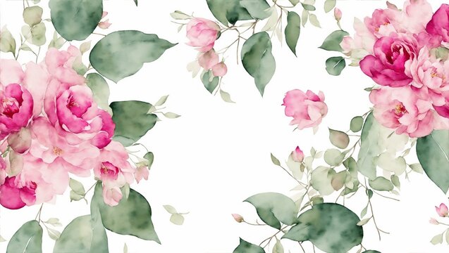 Fototapeta Watercolor floral seamless border green leaves, burgundy maroon pink peach blush white flowers leaf branches. Wedding invitations, greetings wallpapers. Eucalyptus, olive, rose, peony, generative ai