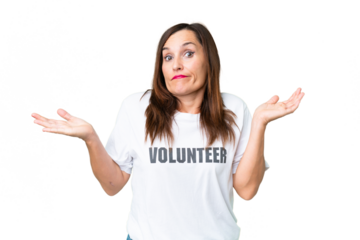 Middle age volunteer woman over isolated chroma key background having doubts while raising hands