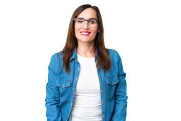 Middle age woman over isolated chroma key background with glasses and happy