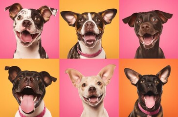 Collage of multiple headshot photos of dogs on a multicolored background of a multitude of different bright colors, shop banner - obrazy, fototapety, plakaty