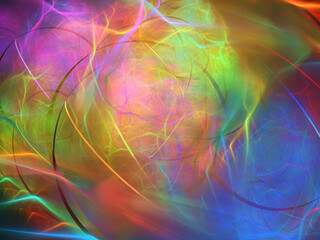 Imgaen de arte digital colorido compuesta de rayas parabólicas negras solapadas por nubes luminosas en un todo que simula ser una tormenta eléctrica destructora de galaxias.