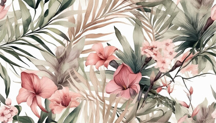 Modern exotic floral jungle pattern, palm leaves, jungle plants, pink flowers, watercolour style. Collage contemporary seamless pattern. Hand drawn cartoon style pattern.