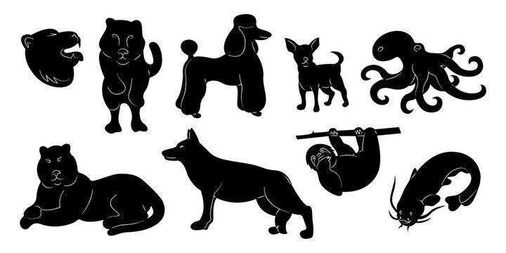 Big set of 8 different animals. Doodle black and white vector illustration.