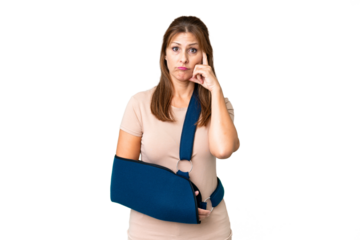 Middle age with broken arm and wearing a sling over isolated background thinking an idea