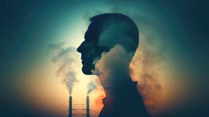 Air polution concept. Human silhouette against the oil, and gas industry. Climate change and global warming idea presented with a double exposure effect. Generative AI