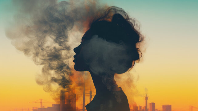 Air polution concept. Human silhouette against the oil, and gas industry. Climate change and global warming idea presented with a double exposure effect. Generative AI