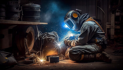 Welder in army car workshop welds truck frame Generative AI