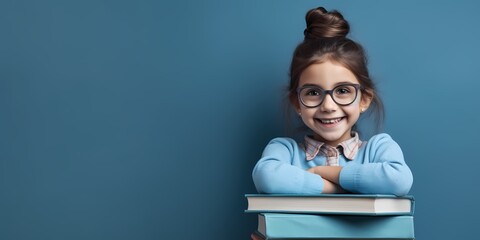 little girl smiling on a blue background, school, back to school, education - obrazy, fototapety, plakaty