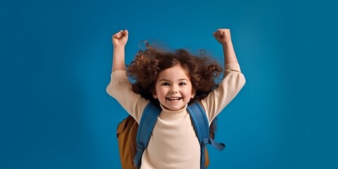 Fototapeta little girl smiling on a blue background, school, back to school, education obraz