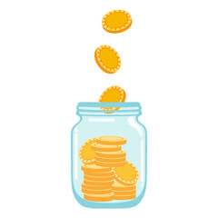 Glass jar with gold coins isolate on white background. Vector graphics.