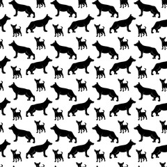 Seamless pattern with german shepherd and chihuahua silhouettes. Doodle black and white vector illustration.